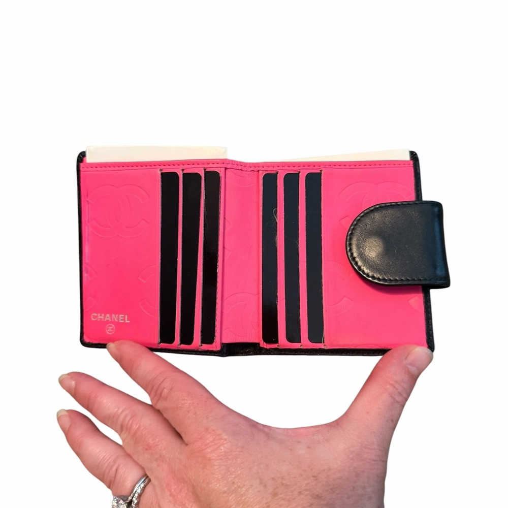 Chanel Vintage Cambon Ligne Compact Wallet Black Neon Pink Full Set Box Card - Picture 6 of 11